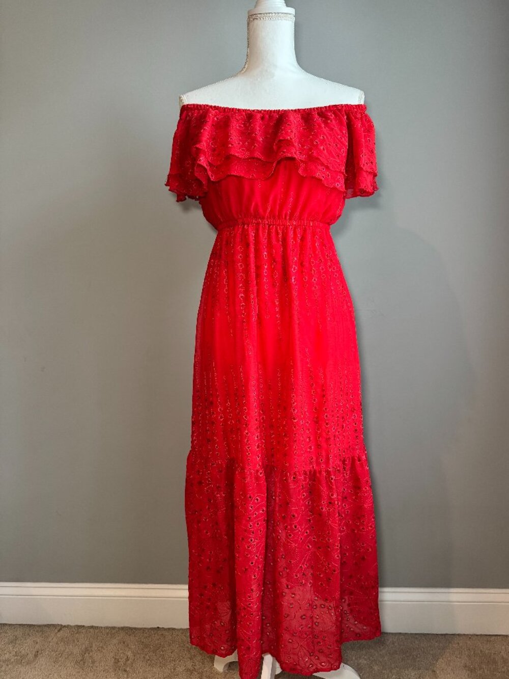 Sofia Jeans by Sofia Vergara Tiered Red Eyelet Maxi Dress, Size Extra Small, NWT